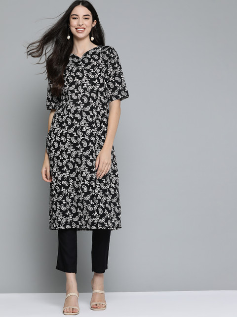 

HERE&NOW Women Black & Grey Pure Cotton Paisley Printed Straight Kurta
