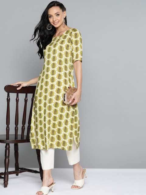 

HERE&NOW Women Olive Green & Cream-Coloured Ethnic Motifs Printed Straight Kurta