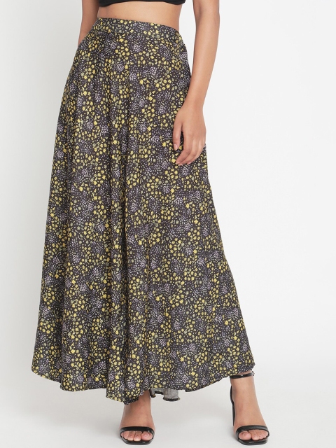 

The Vanca Women Black & Yellow Floral Printed A-Line Maxi Skirt