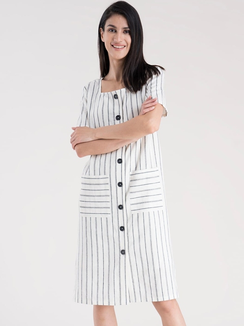 

FableStreet Women White & Black Striped Shirt Dress