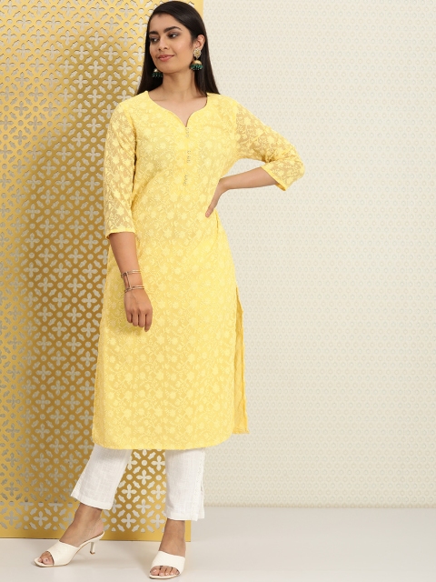

House of Pataudi Women Yellow Embroidered Jashn Kurta