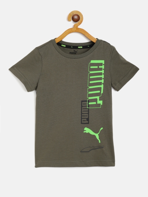 

Puma Boys Olive Green Brand Logo Print Cotton T-shirt