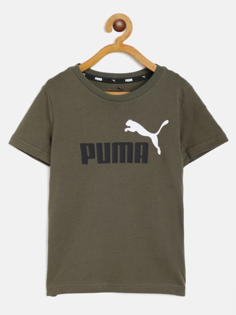 Puma Boys Olive Green & Black Brand Logo Printed Cotton T-shirt