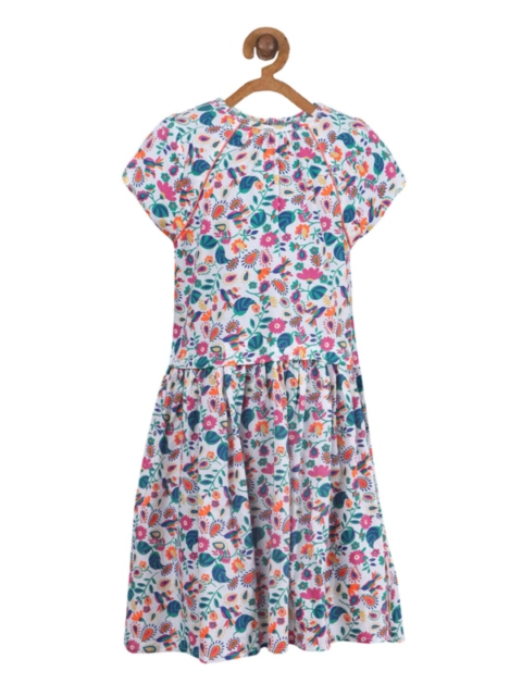 

Miyo Girls White & Blue Floral Printed Drop-Waist Dress