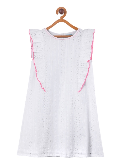 

Miyo Girls White & Pink Self Design Cotton A-Line Dress