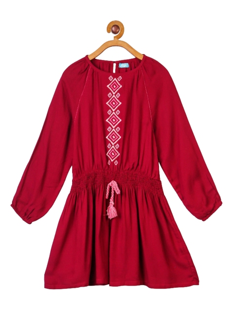 

Miyo Girls Maroon & Pink Embroidered Blouson Dress