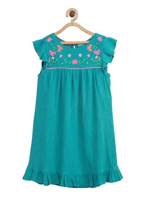 

Miyo Girls Turquoise Blue & Pink Floral Embroidered A-Line Dress