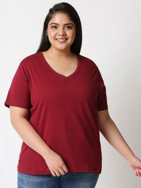 

20Dresses Women Red V-Neck Pure Cotton T-shirt (Plus Size)