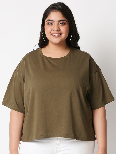 

20Dresses Women Olive Green Extended Sleeves Pure Cotton T-shirt