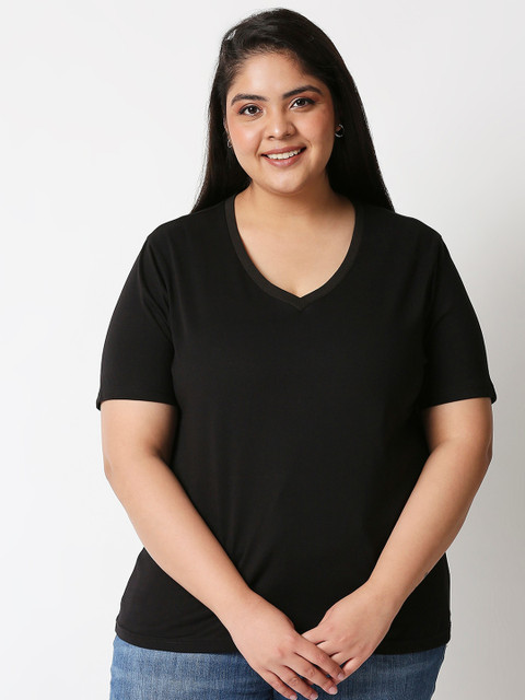 

20Dresses Women Black V-Neck Pure Cotton T-shirt (Plus Size)