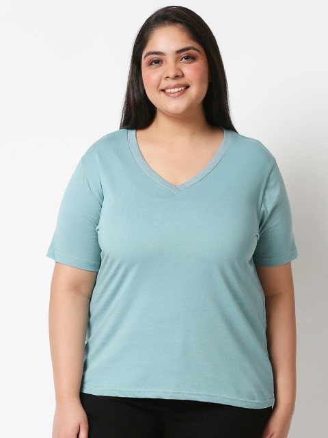 

20Dresses Women Blue V-Neck Drop-Shoulder Sleeves Pure Cotton T-shirt