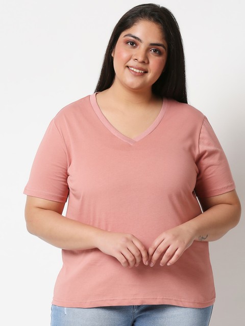 

20Dresses Women Pink V-Neck Pure Cotton T-shirt (Plus Size)