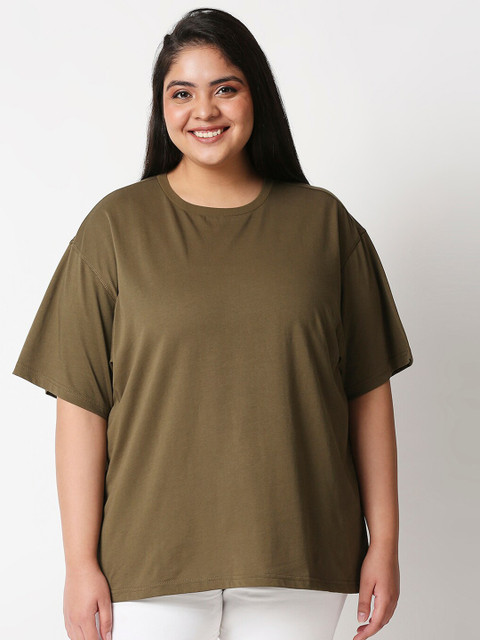 

20Dresses Women Olive Green Drop-Shoulder Sleeves Pure Cotton T-shirt