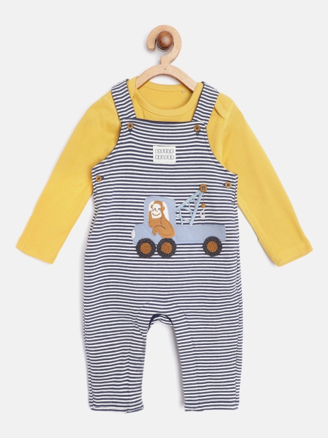 

Marks & Spencer Kids Mustard Yellow Solid Bodysuit with Striped Dungarees