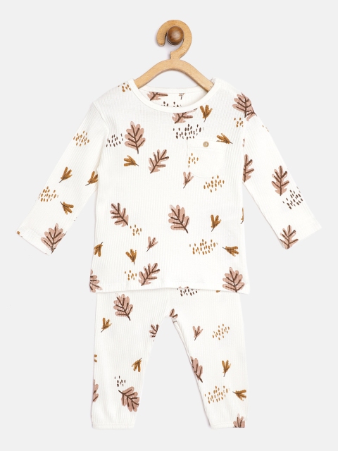 

Marks & Spencer Kids Off-White & Brown Leafy Printed Pure Cotton T-shirt with Joggers