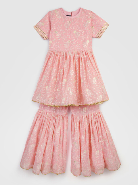 

YK Girls Pink & White Ethnic Printed Pleated Kurta with Sharara