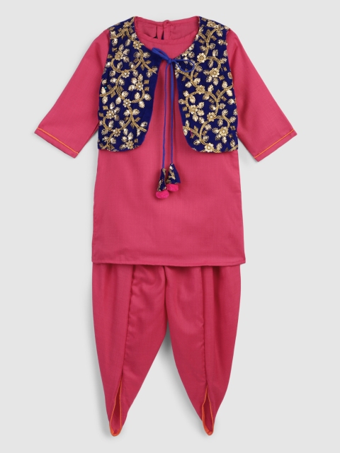 

YK Girls Pink Solid Kurti with Dhoti Pants & Embroidered Jacket