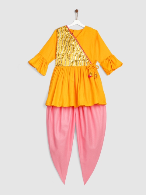 

YK Girls Yellow Leheriya Yoke Design Pleated Sequinned Kurta with Dhoti Pants