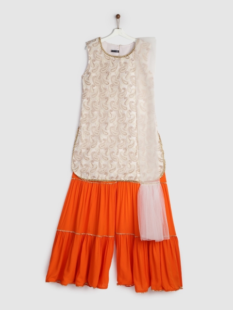 

YK Girls Off White & Orange Woeven Paisley Design Raw Silk Kurta with Sharara & Dupatta