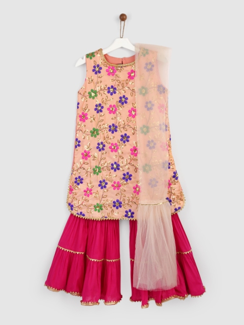 

YK Girls Peach-Coloured Floral Embroidered Sequinned Raw Silk Kurta with Sharara & With Dupatta