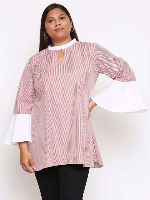 

XXLLENT Women Pink & White Striped Keyhole Neck A-Line Longline Top
