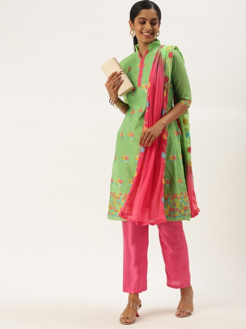 

LADUSAA Green & Magenta Unstitched Dress Material