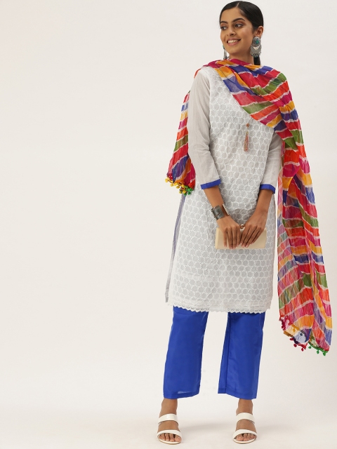 

LADUSAA White & Blue Unstitched Dress Material