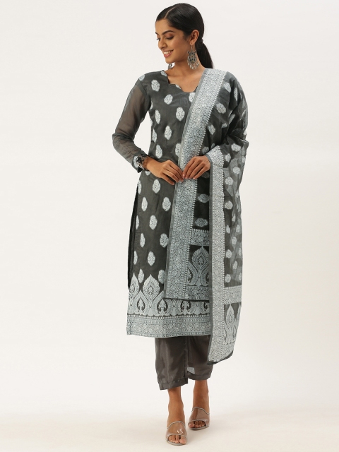 

LADUSAA Charcoal Printed Unstitched Dress Material