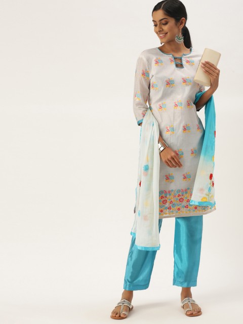 

LADUSAA White & Blue Unstitched Dress Material