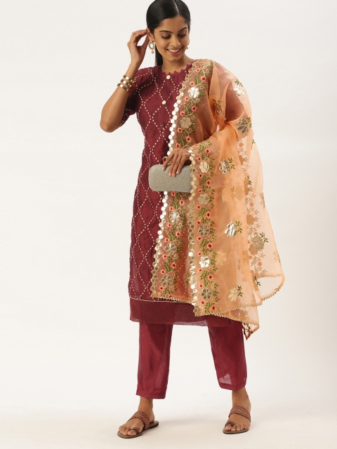 

LADUSAA Maroon & Peach-Coloured Embroidered Unstitched Dress Material