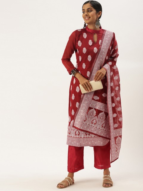 

LADUSAA Red & Silver-Toned Unstitched Dress Material