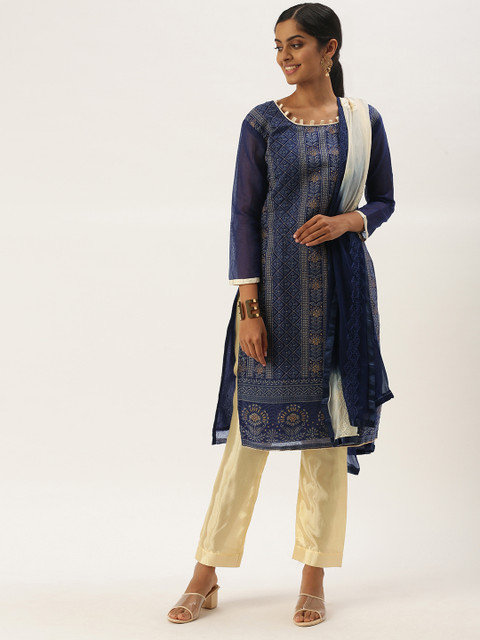 

LADUSAA Navy Blue & Beige Printed Unstitched Dress Material
