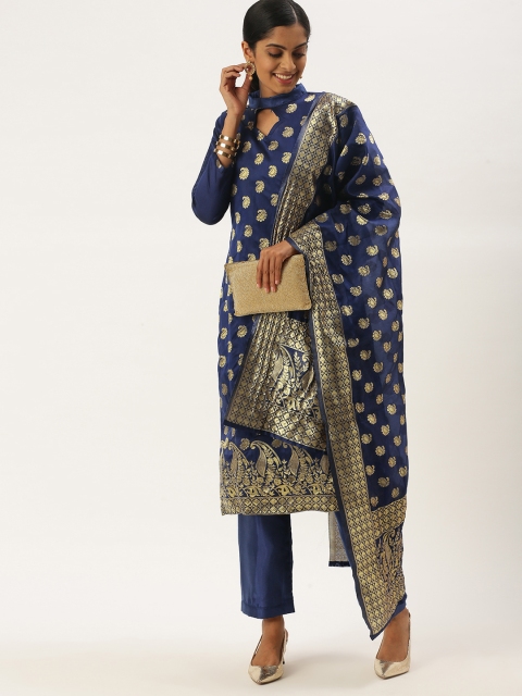 

LADUSAA Navy Blue & Gold-Toned Unstitched Dress Material
