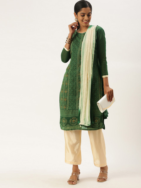 

LADUSAA Green & Beige Printed Unstitched Dress Material