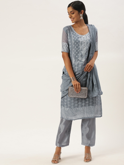 

LADUSAA Grey Printed Unstitched Dress Material