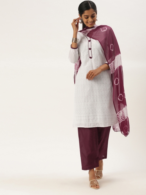 

LADUSAA White & Purple Unstitched Chikankari Dress Material