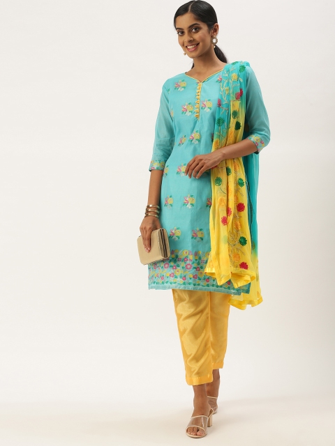 

LADUSAA Turquoise Blue & Yellow Unstitched Dress Material