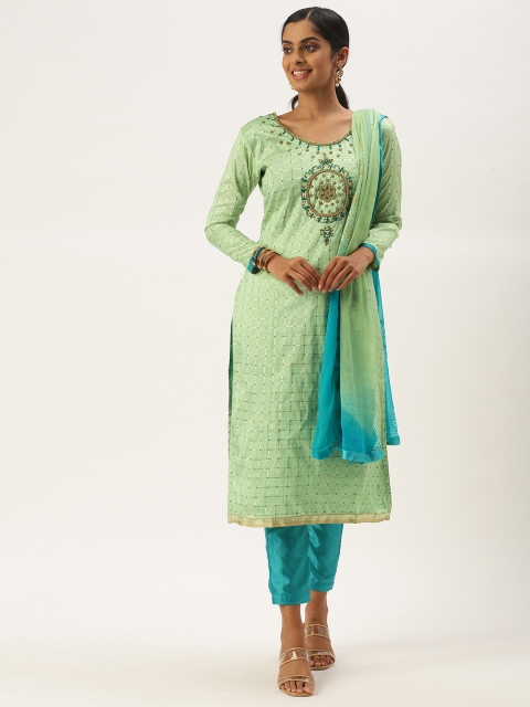 

LADUSAA Green & Turquoise Blue Embroidered Unstitched Dress Material