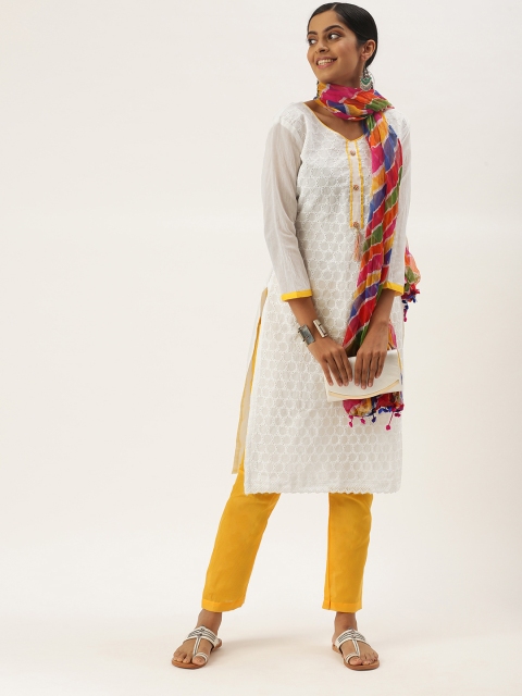 

LADUSAA White & Yellow Unstitched Chikankari Dress Material