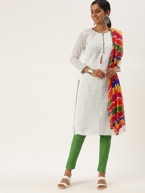 

LADUSAA White & Green Unstitched Chikankari Dress Material
