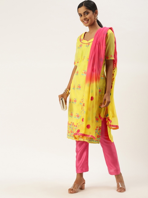 

LADUSAA Yellow & Pink Unstitched Dress Material
