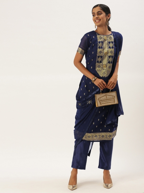 

LADUSAA Navy Blue Printed Unstitched Dress Material