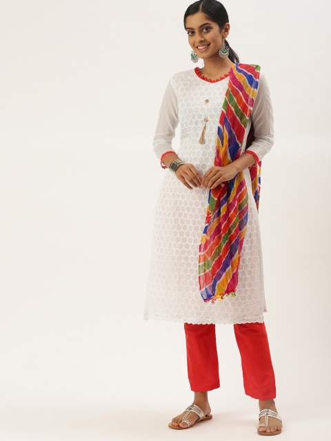 

LADUSAA White & Red Unstitched Chikankari Dress Material