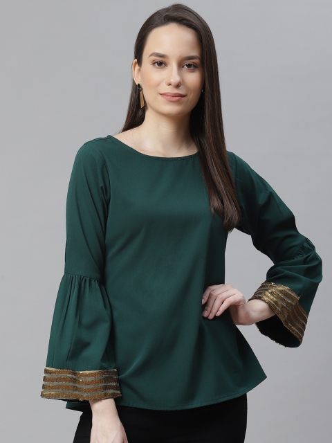 

Cottinfab Green & Gold-Toned Embellished Crepe Regular Top