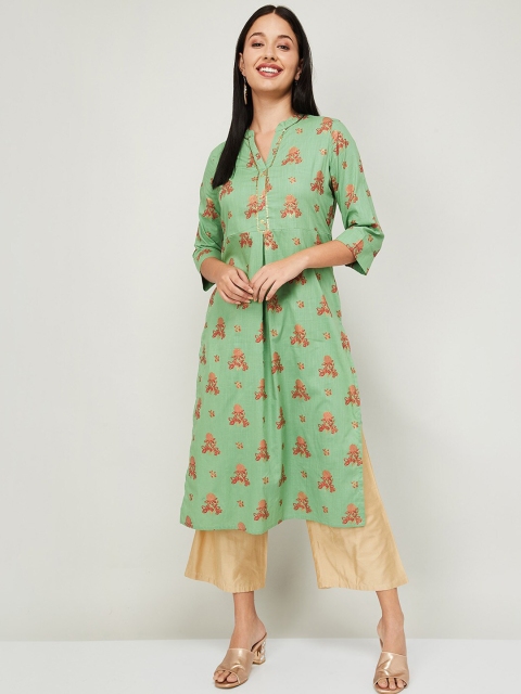 

Melange by Lifestyle Women Green Floral Embroidered Pure Cotton Kurta with Trousers
