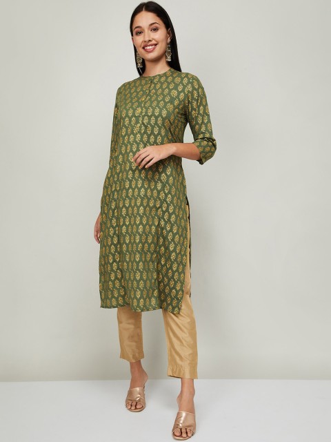 

Melange by Lifestyle Women Olive Green Ethnic Motifs Printed Regular Kurta with Trousers