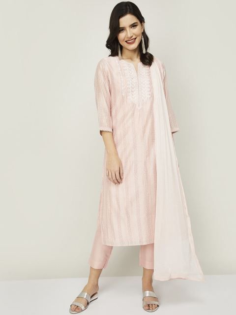 

Melange by Lifestyle Women Peach-Coloured Yoke Design Kurta with Trousers & Dupatta