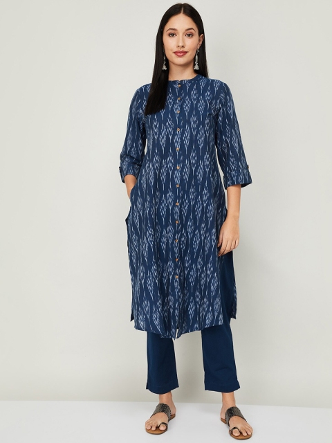 

Melange by Lifestyle Women Navy Blue Dyed A Line Pure Cotton Kurta with Trousers