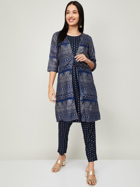 

Melange by Lifestyle Women Navy Blue Ethnic Motifs Printed Regular Kurta & Trousers