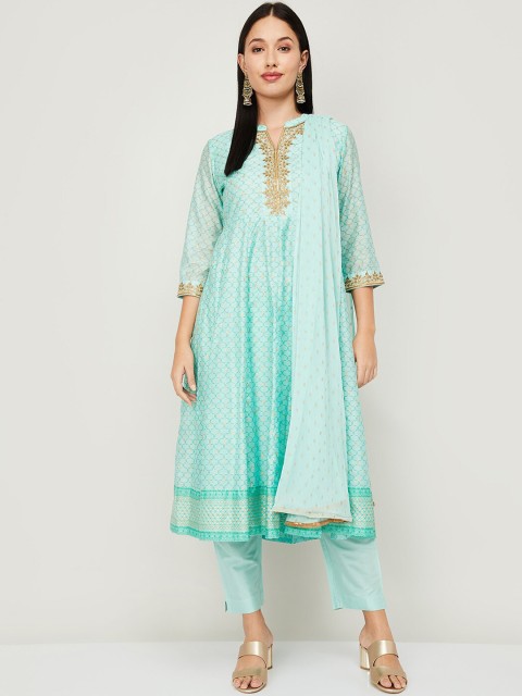 

Melange by Lifestyle Women Sea Green Ethnic Motifs Panelled Kurti with Trousers & With Dupatta